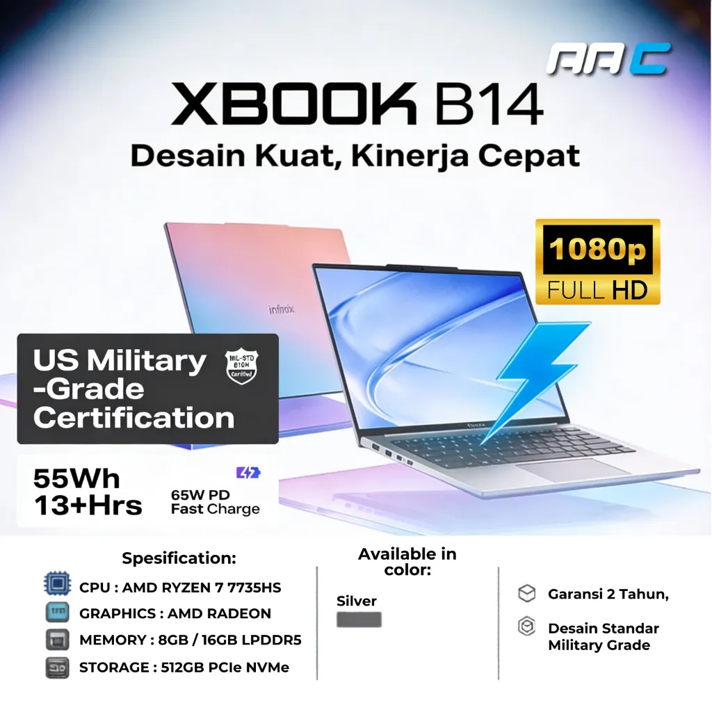 LAPTOP INFINIX XBOOK B14 RYZEN 7 7735HS 8GB/16GB DDR5 512GB SSD - LAPTOP KERJA TIPIS RINGAN GARANSI RESMI 2 TAHUN
