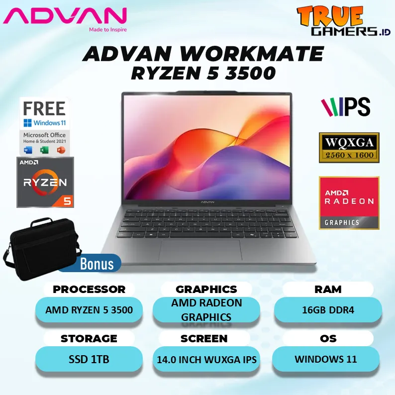 Laptop Advan Workmate AMD Ryzen 5-3500 RAM 16GB 1TB SSD Windows 11+Office Home 14.0" Wuxga IPS