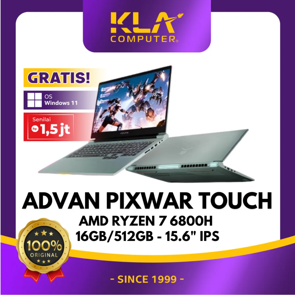 ADVAN Gaming Pixwar Touchscreen AMD Ryzen 7 6800H 16GB 512GB 15.6 Inch FHD Laptop Touchscreen Original