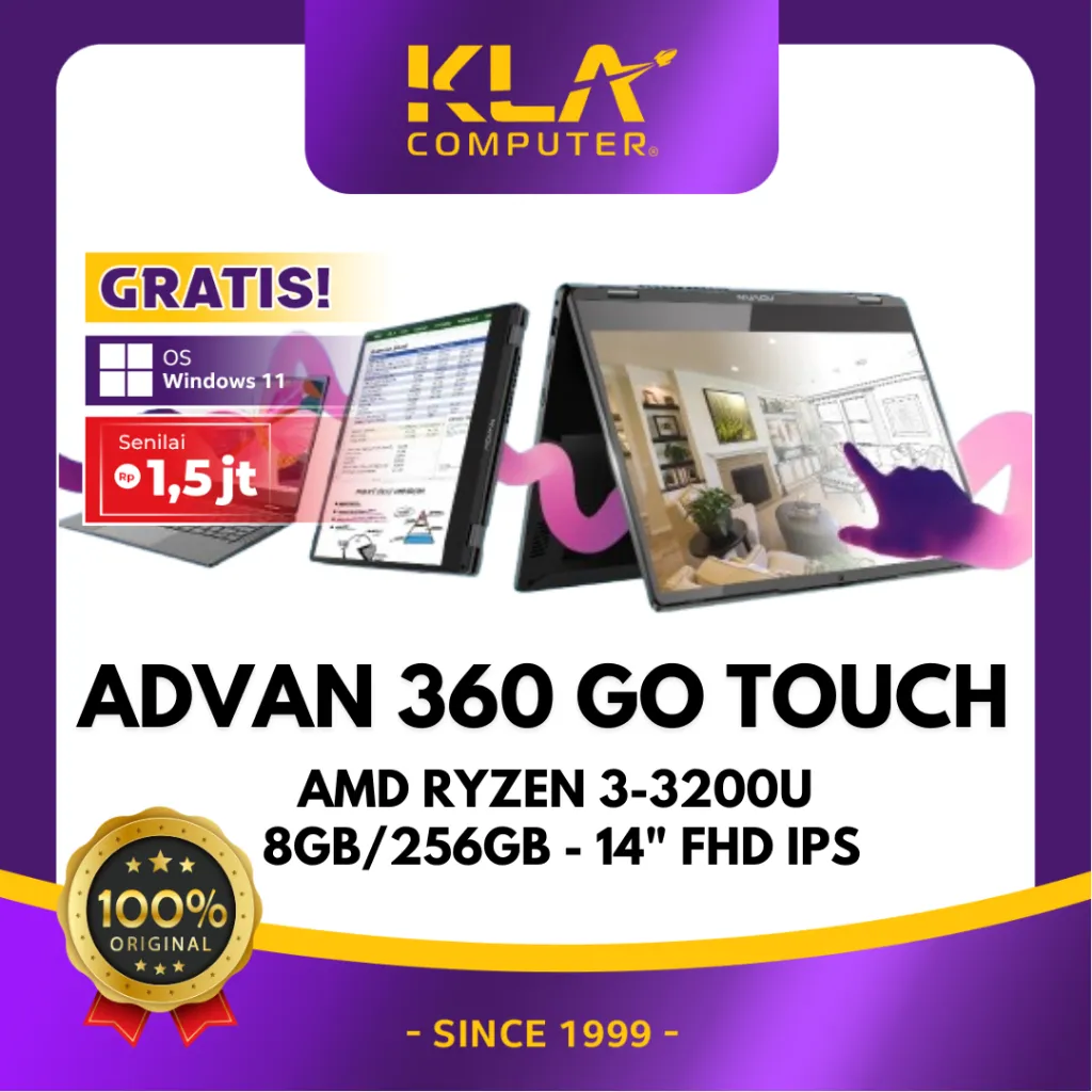 ADVAN Laptop 2 In 1 360 Go Touchscreen AMD Ryzen 3-3200U 14 Inch IPS FHD 8GB 256GB Win 11 Original Garansi Resmi