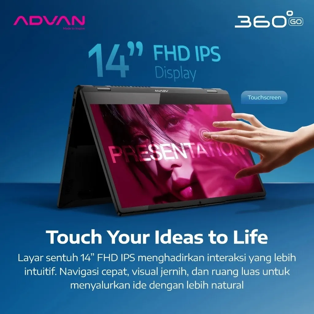ADVAN 2in1 Flip 360 GO Amd Ryzen 3 3200u RAM16GB SSD1TB 14inc FHD IPS Touchscreen Windows 11