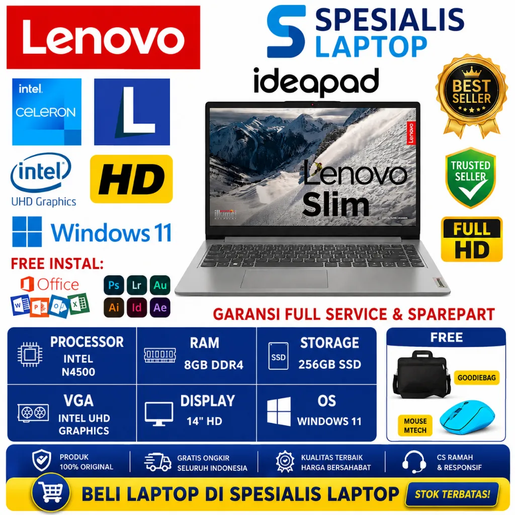 LAPTOP MURAH BARU LENOVO IDEAPAD SLIM 3i INTEL CORE N6000 RAM 8GB SSD 512GB FHD WINDOWS 11 ORI