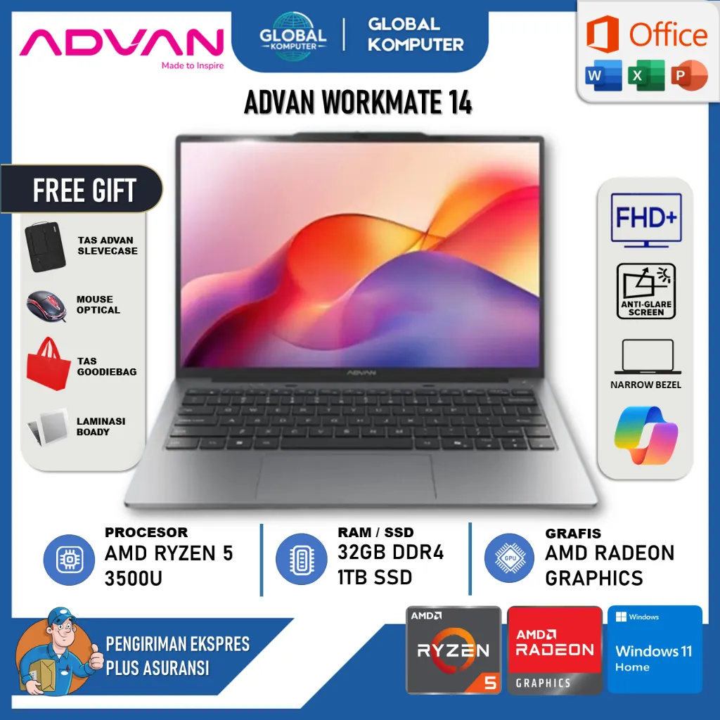 [Exclusive Launch] ADVAN Laptop WorkMate AMD Ryzen 5 3500U 32GB 1TB SSD 14.0 WUXGA WIN 11 ORIGINAL