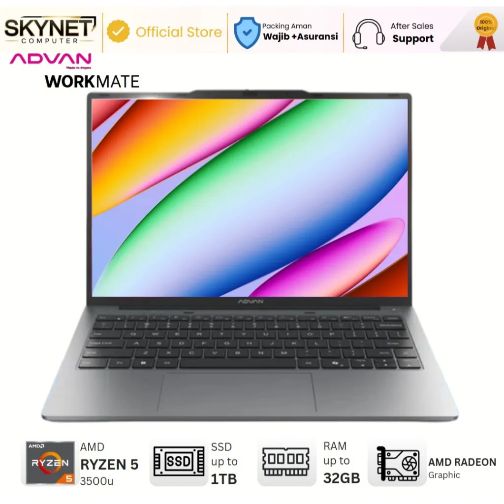 ADVAN Workmate AMD RYZEN 5 3500U RAM32GB SSD1TB 14'' FHD+ IPS Windows 11 - Laptop Kerja Sekolah Bisnis Editing