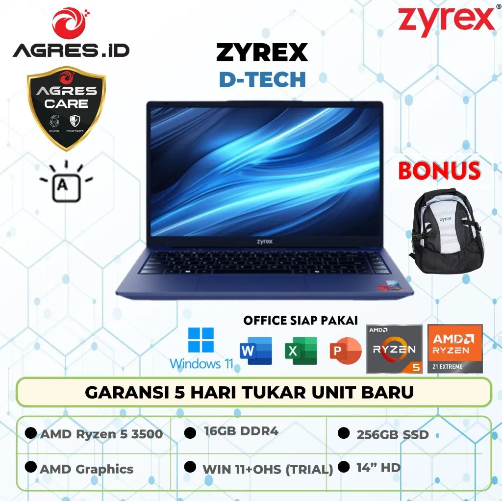 Zyrex D-Tech Ryzen 5 3500 Ram 16GB Ssd 256GB Win 11 14" Backlit