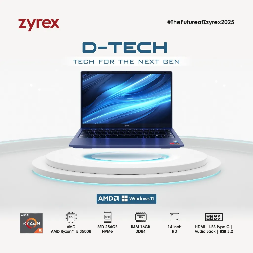 LAPTOP ZYREX D- TECH AMD Ryzen 5 3500U RAM 8GB SSD 256GB Windows 11 HD 14.0" BLUE GARANSI RESMI 2 TAHUN