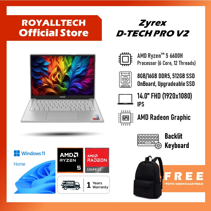 Zyrex D-Tech PRO V2 - Amd Series Ryzen 5 6600H Ram 16GB Storage 512GB SSD Windows 11 Home 14.0 FHD IPS Keyboard Backlit