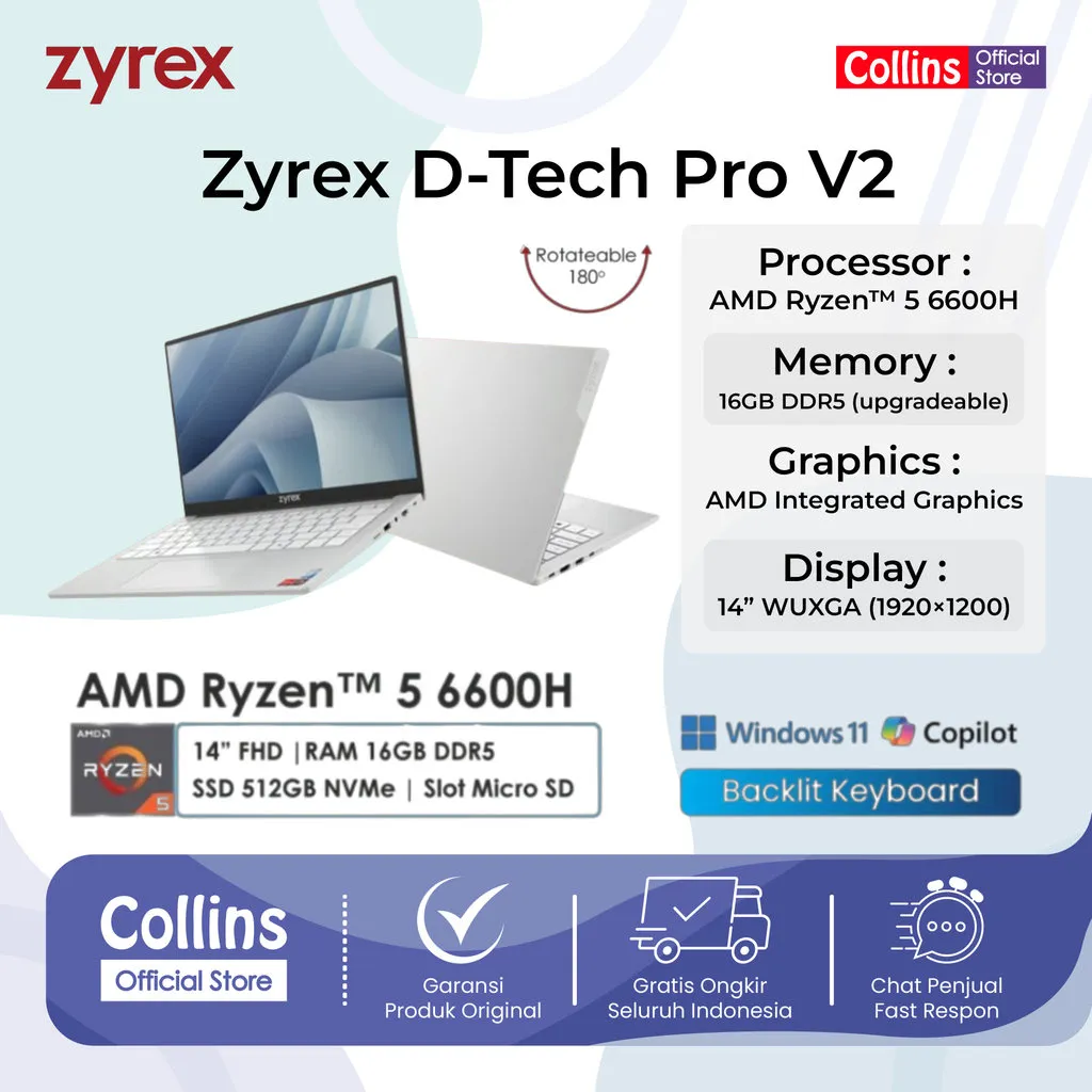 Laptop Zyrex D-Tech Pro V2 AMD Ryzen 5 6600H RAM 16GB DDR5 SSD 512GB 14 Inch WUXGA Windows 11 Home Backlit Keyboard – Garansi Resmi 1 Tahun