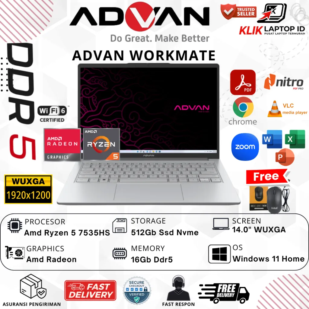 Laptop Advan WorkPlus Heritage 14 Amd Ryzen 5 7534HS 16GB 512GB 14 Inch Wuxga Ips Win11Home Resmi