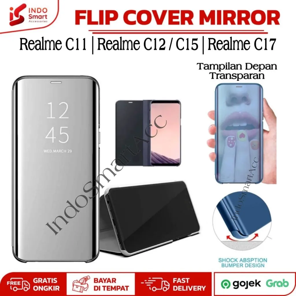 Realme C11 C12 C15 C17 Pro Flip Mirror Case Sarung Clear View Standing Casing Book Cover