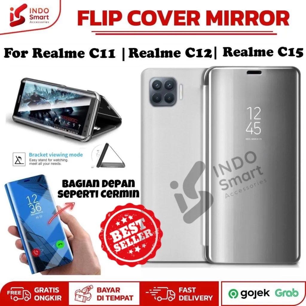 Realme C11 C12 C15 C17 C20 C21 C21Y Flip Mirror Case Sarung Clear View Standing Casing Book Cover