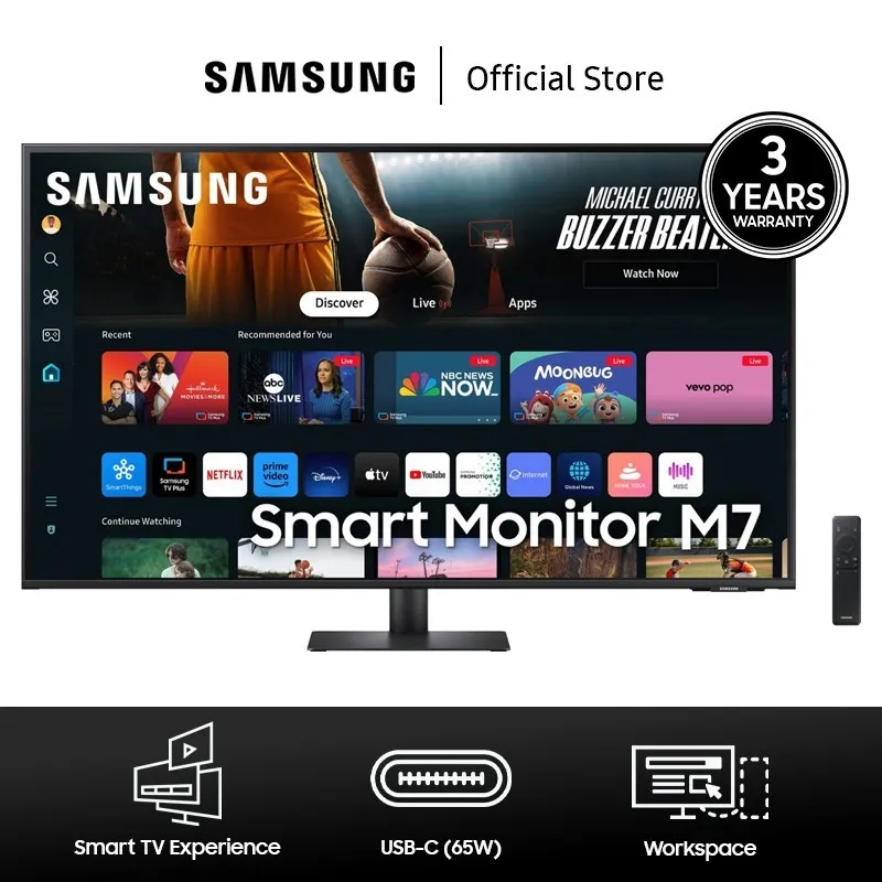 Samsung Smart Monitor M7 43" M70D 4K HDR USB-C Speaker Streaming TV, 3 year warranty - LS43DM702UEXXD