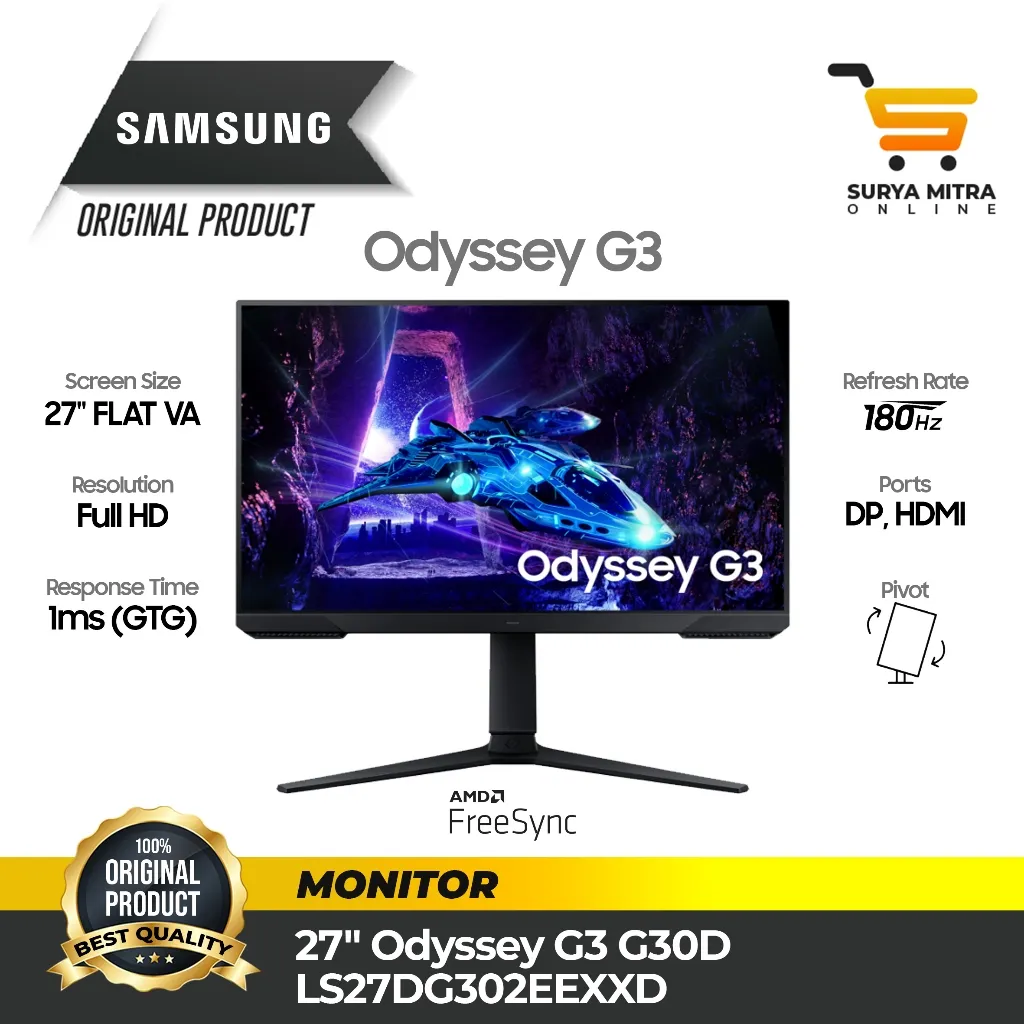Monitor Gaming Samsung Odyssey G3 G30D S24DG302 / S27DG302  FLAT VA FHD 180Hz