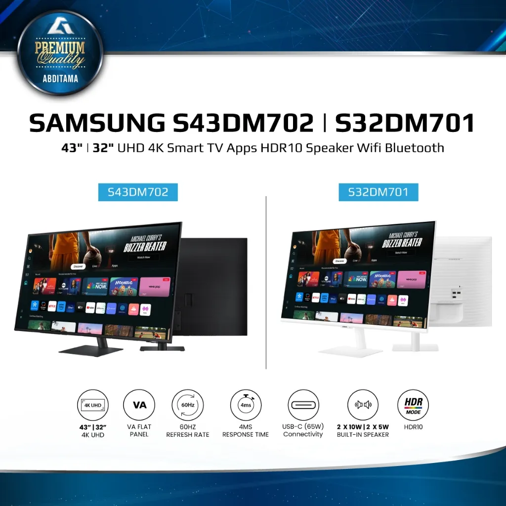 SAMSUNG Smart Monitor S43DM702 43" Black | S32DM701 32" White UHD 4K HDR10 HDMIx2 USB-C 65w Speaker