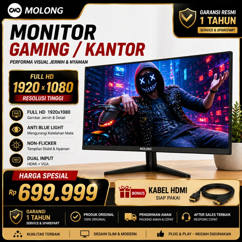 Molong Garansi lima tahun Monitor 19 Inch Monitor 27 Inch LED Monitor Pc Game Profesional VGA HDMI 1080P Matte Panel Monitor Rumah