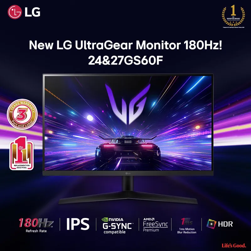 LG 24GS60F-B 23,8” UltraGear™ Full HD IPS gaming monitor | 180Hz, IPS 1ms (GtG), HDR10