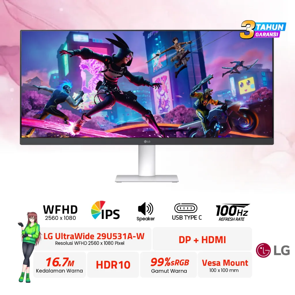 Monitor LG 29” UltraWide 29U531A-W Speaker | 29U511A-B IPS WFHD 100Hz HDR10 99% sRGB HDMI DisplayPort VESA Mount