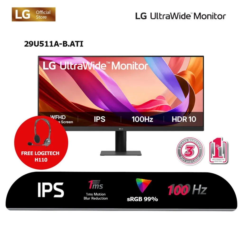 (Free Headset) LG UltraWide 29U511A-B 29" WFHD IPS Monitor 100Hz with 3-Side Virtually Borderless