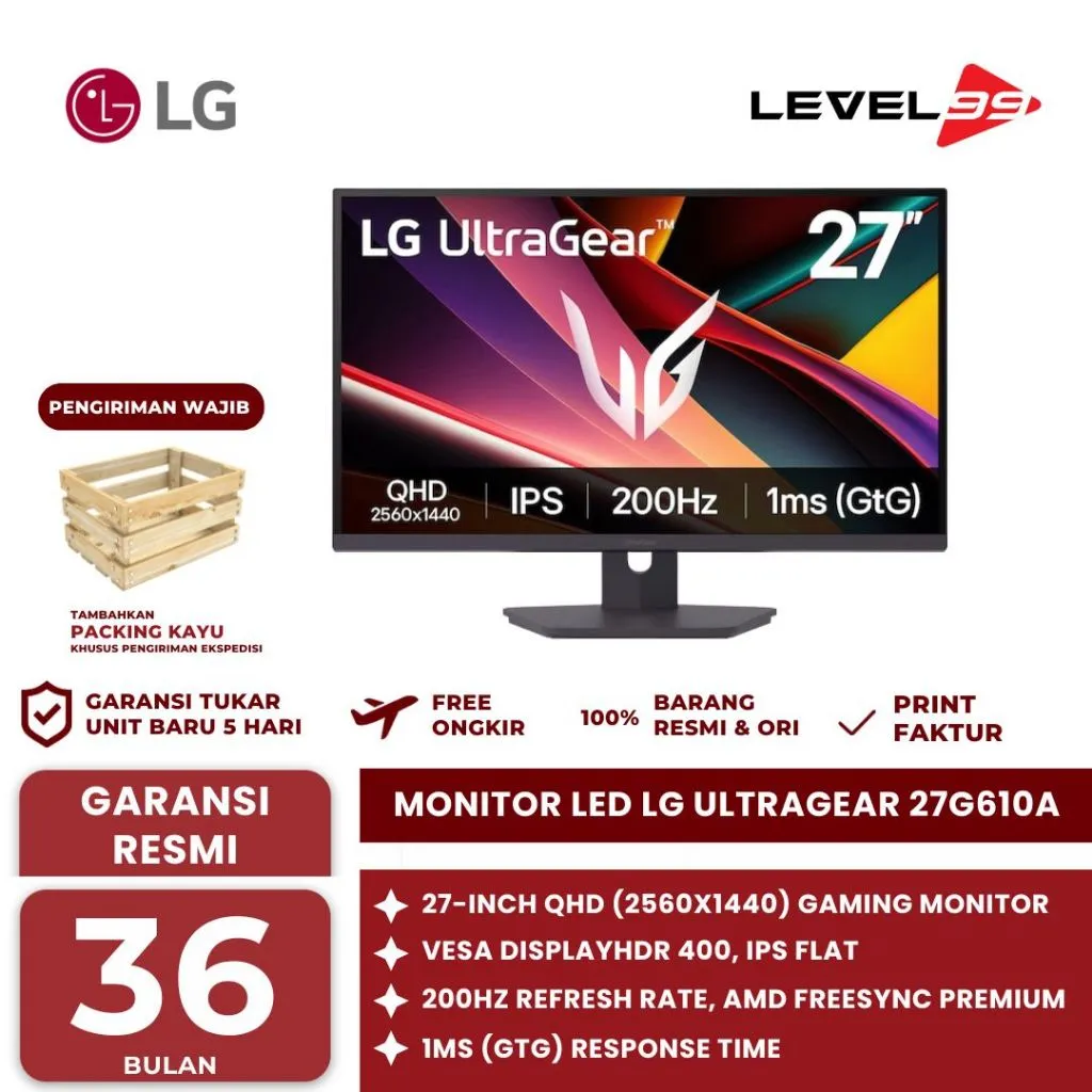 Monitor LED LG UltraGear 27G610A-B 27" IPS 2K QHD 1440p 200hz 1ms HDMI DP Full-Ergonomic Stand VESA 100x100mm Display HDR400 - LED Monitor LG UltraGear 27" G6 QHD 200Hz - LG 27G610A / 27G610AB