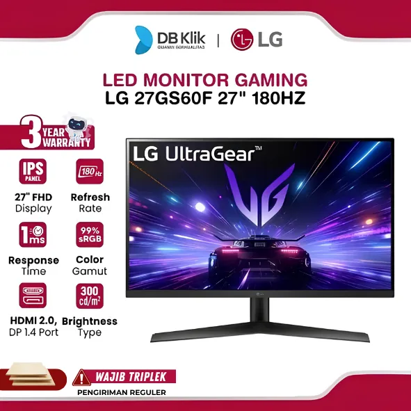 LG UltraGear LED Monitor Gaming 27GS60F 27" IPS FHD 180Hz 1ms AMD FreeSync + NVIDIA G-Sync HDR10 HDMI DP