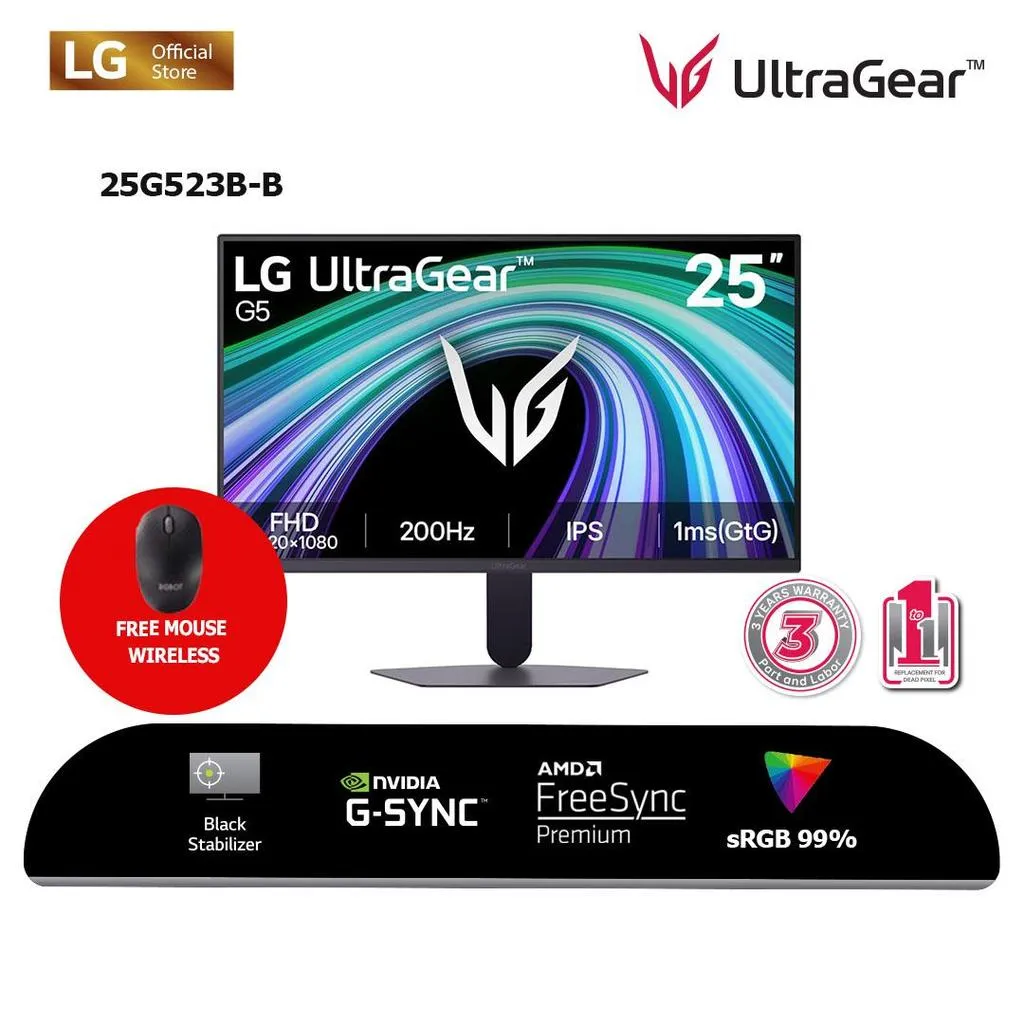 LG UltraGear 25G523B-B 25" FHD IPS Gaming Monitor 1ms 200Hz NVIDIA G-Sync AMD FreeSync Premium