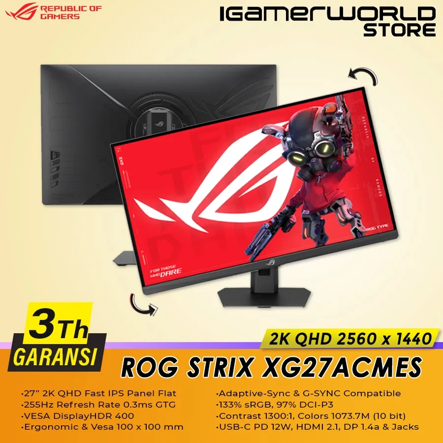 ASUS ROG Strix XG27ACMES / XG27ACMES-W 27 inch Fast IPS 1440p 2K QHD 255Hz 0.3ms HDR400 USB-C PD 15W Ergonomic Gaming Monitor