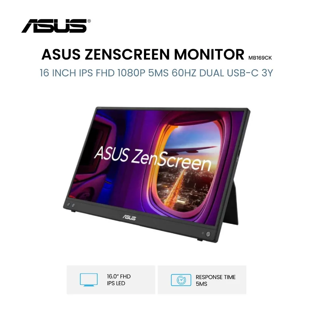 ASUS MONITOR PORTABLE 16 INCH ZENSCREEN MB169CK IPS FHD 1080P 5MS 60HZ DUAL USB-C 3Y