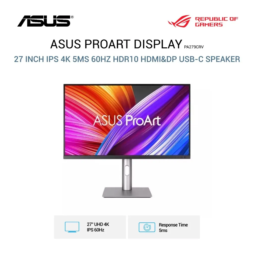 Monitor Asus ProArt PA279CRV 27 Inch Display IPS 4K 2160p 5Ms 60Hz HDR10 HDMI&DP USB-C Speaker Ergonomic