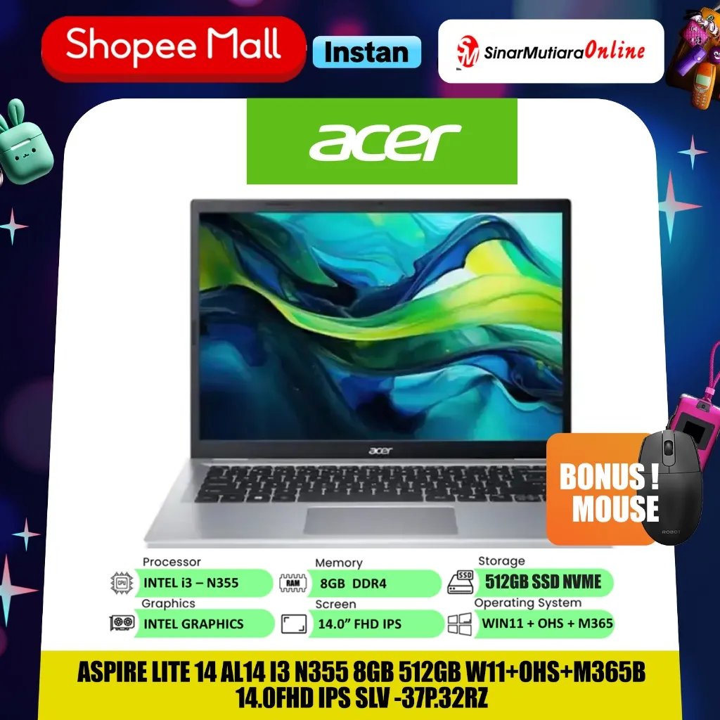 ACER ASPIRE LITE 14 AL14-37P.32RZ CORE i3 N355 8GB 512GB W11+OHS+M365B 14.0FHD IPS SILVER