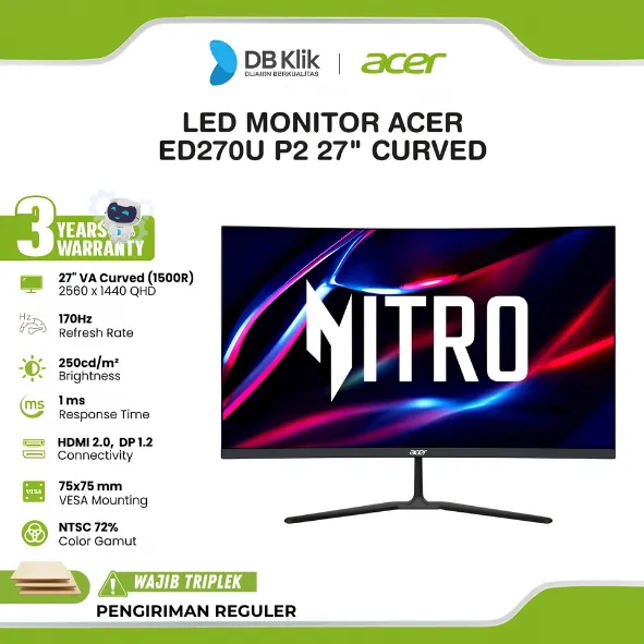 Monitor Gaming ACER Nitro ED270U P2 27" Curved 1500R 2K QHD VA 170Hz 1ms AMD FreeSync HDR10 Built in Speaker HDMI DP