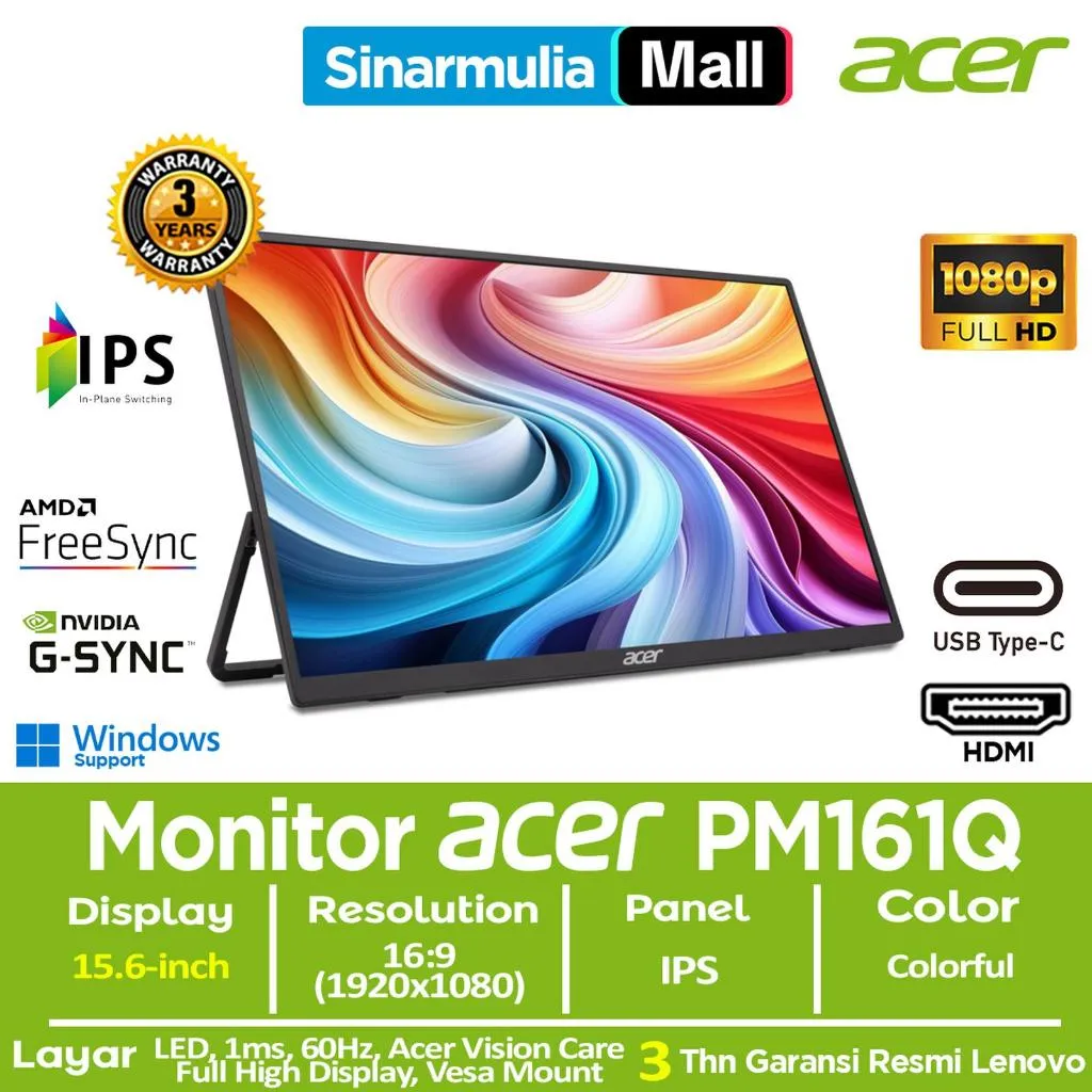 Monitor Portable LED ACER PM161Q 16" IPS Zero Frame Full HD 60Hz
