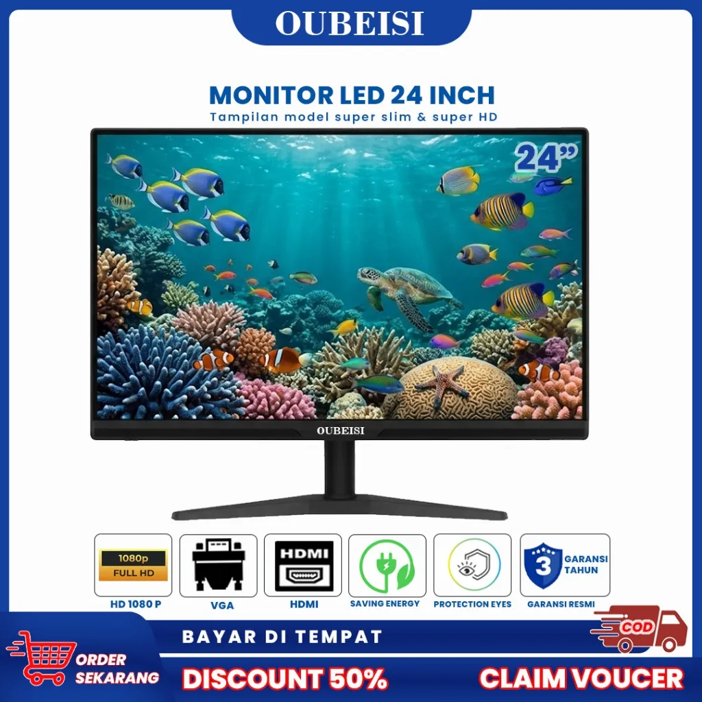 OUBEISI Monitor LED 20/22/24 Inch Full HD Resolusi 1920 × 1080 75Hz Slim HDMI VGA Speaker