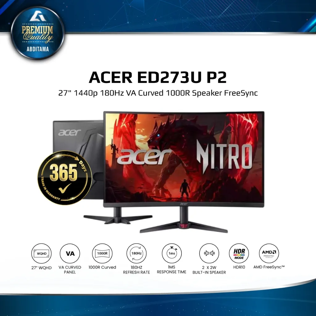 ACER ED273U P2 27" QHD 180Hz VA Curved 1000R 1ms HDMI 2.0x2 DP 1.4x1 Speaker 99% sRGB FreeSync