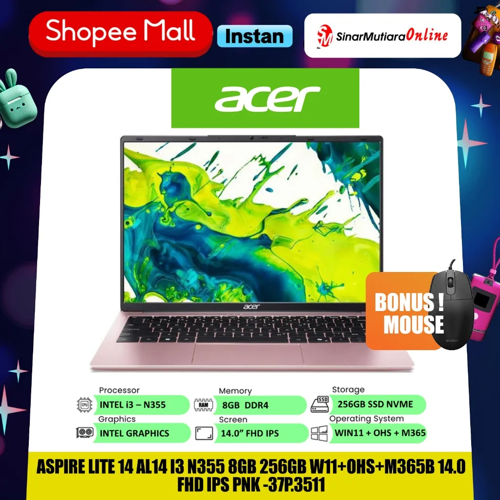 ACER ASPIRE LITE 14-AL14-37P.3511 CORE i3 N355 8GB 256GB W11+OHS+M365B 14.0 FHD IPS PINK