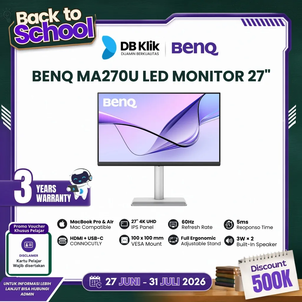 BenQ MA270U LED Monitor 27" IPS 4K UHD 60Hz 5ms HDR400 Built in Speaker Full Ergonomic Stand HDMI USB-C