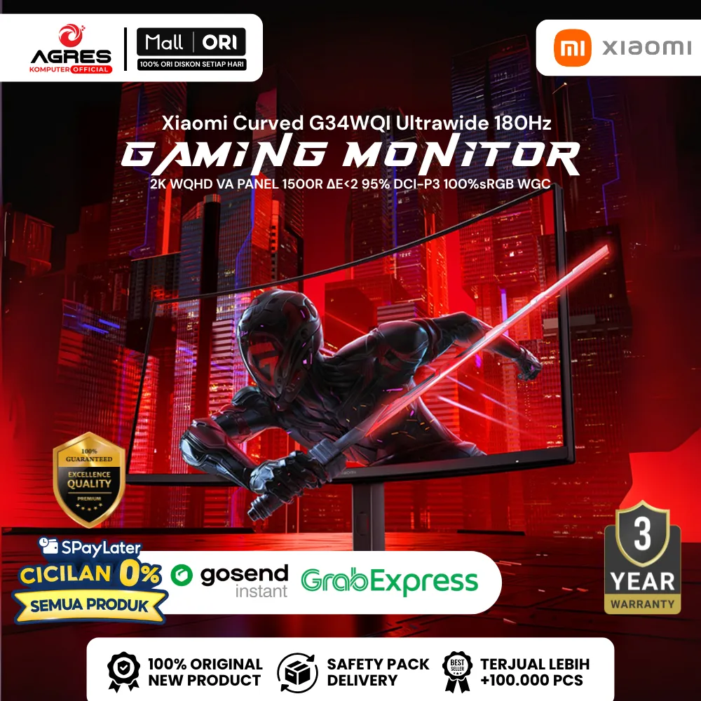 XIAOMI ULTRAWIDE GAMING MONITOR CURVED 34 INCH G34WQI VA 1500R WQHD 2K 1440P 1MS 180HZ ERGONOMIC 3Y