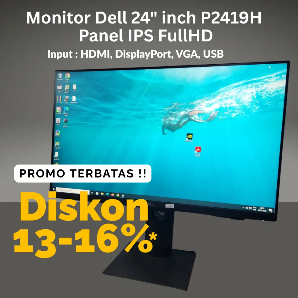 Monitor DELL P2419H 24 INCH Layar IPS HDMI Frameless bisa diputer vertikal Seken Normal