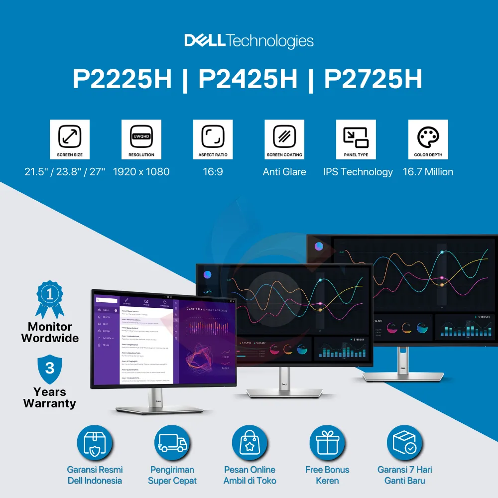 DELL Pro Plus Monitor 22" - P2225H | Monitor 24" - P2425H | Monitor 27" - P2725H IPS, 1920x1080, 100Hz, Anti-glare, 3 Year Warranty, HDMI & DP, TUV Eye Comfort DELL OFFICIAL