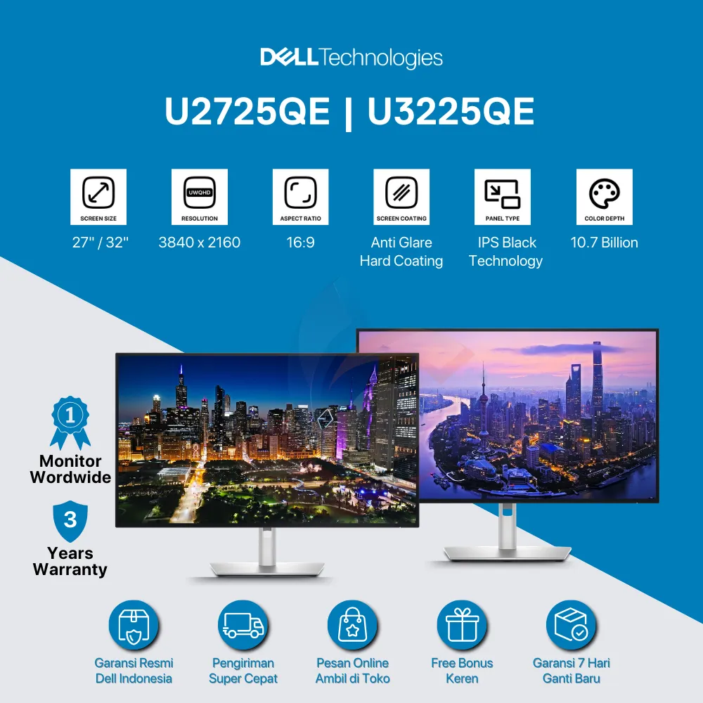 Dell UltraSharp 27" U2725QE / 32" U3225QE IPS 4K UHD 120Hz HDMI 2.1x1 DP 1.4x2 USB-C Thunderbolt 4 140w RJ45 10Gbps HDR600 Ergonomic Stand Tilt Pivot Height Swivel DCI-P3 99% sRGB100% BT.709 100% VESA 100x100mm monitor DELL OFFICIAL