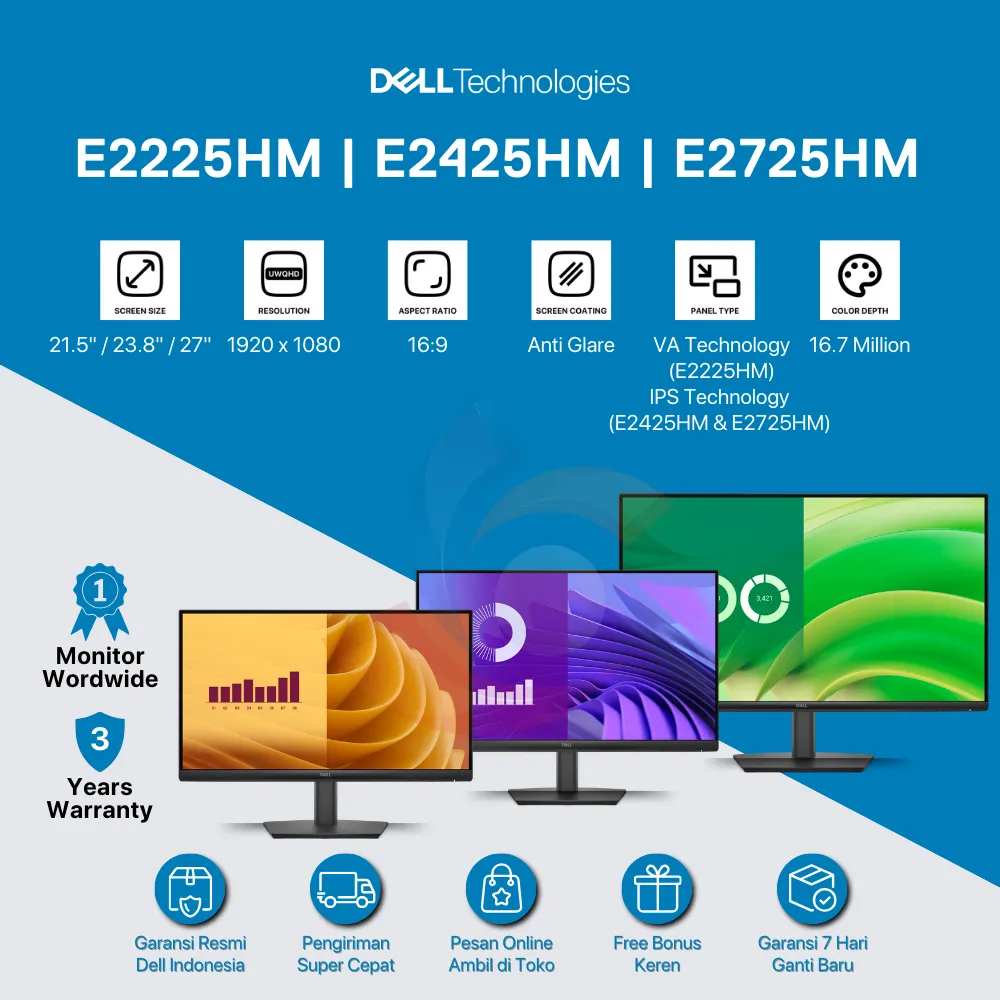 DELL Pro E2225HM 22"/ E2425HM 24" / E2725HM 27" Monitor Full HD 100 Hz Anti-glare Eye Comfort Garansi 3 Tahun DELL OFFICIAL