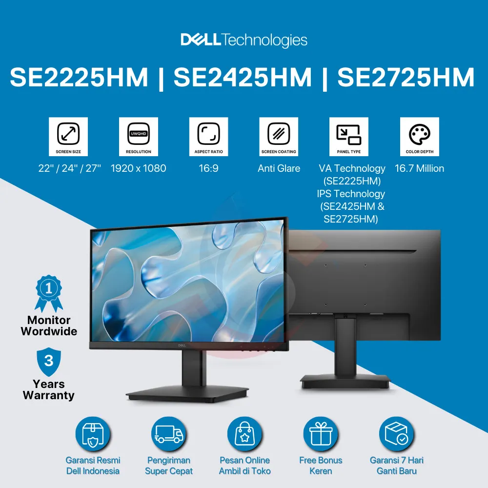Monitor LED DELL SE2225HM 22" | SE2425HM 24" | SE2725HM FHD 1080p 100Hz VGA x1 HDMI 1.4x1 VESA 100x100mm Breeze Through Everyday Tasks on This 21.5-inch Monitor with a Smooth 100Hz Refresh Rate and Certified by TUV Rheinland for 3-Star Eye Comfort