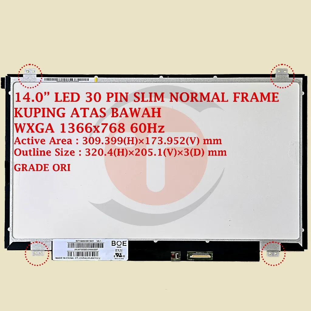 LED LCD Untuk HP Notebook 14-BW 14-BS 14-BK 14-CK 14-CM 14-AL 14-AB 14-AM 14-BS 14-AN 14-AM015TX 14-AM125TX 14.0" 30 PIN Slim Normal Frame Kuping Atas Bawah
