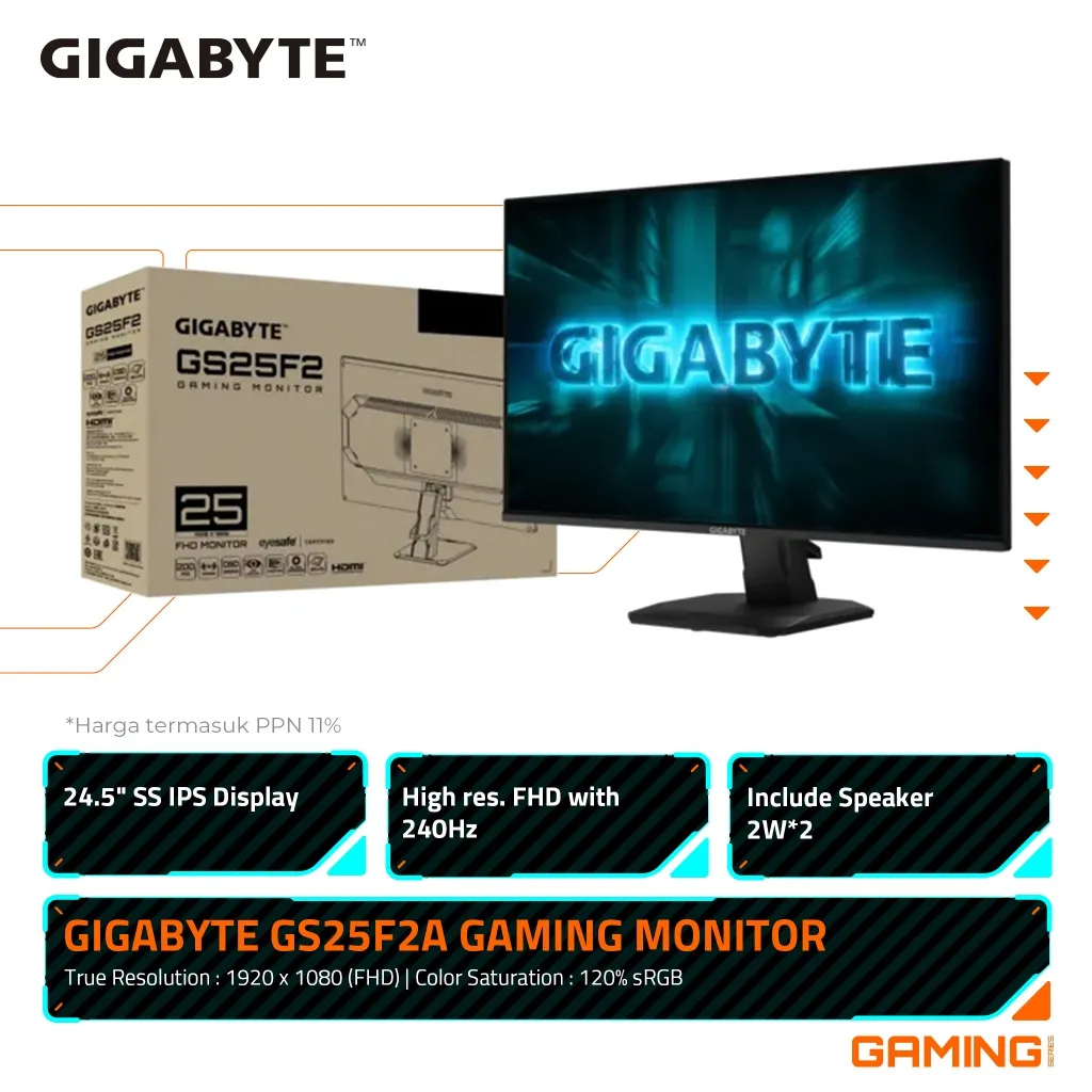 Gigabyte GS25F2A Gaming Monitor 24 Inch 1920 x 1080 FHD 240Hz 120% sRGB