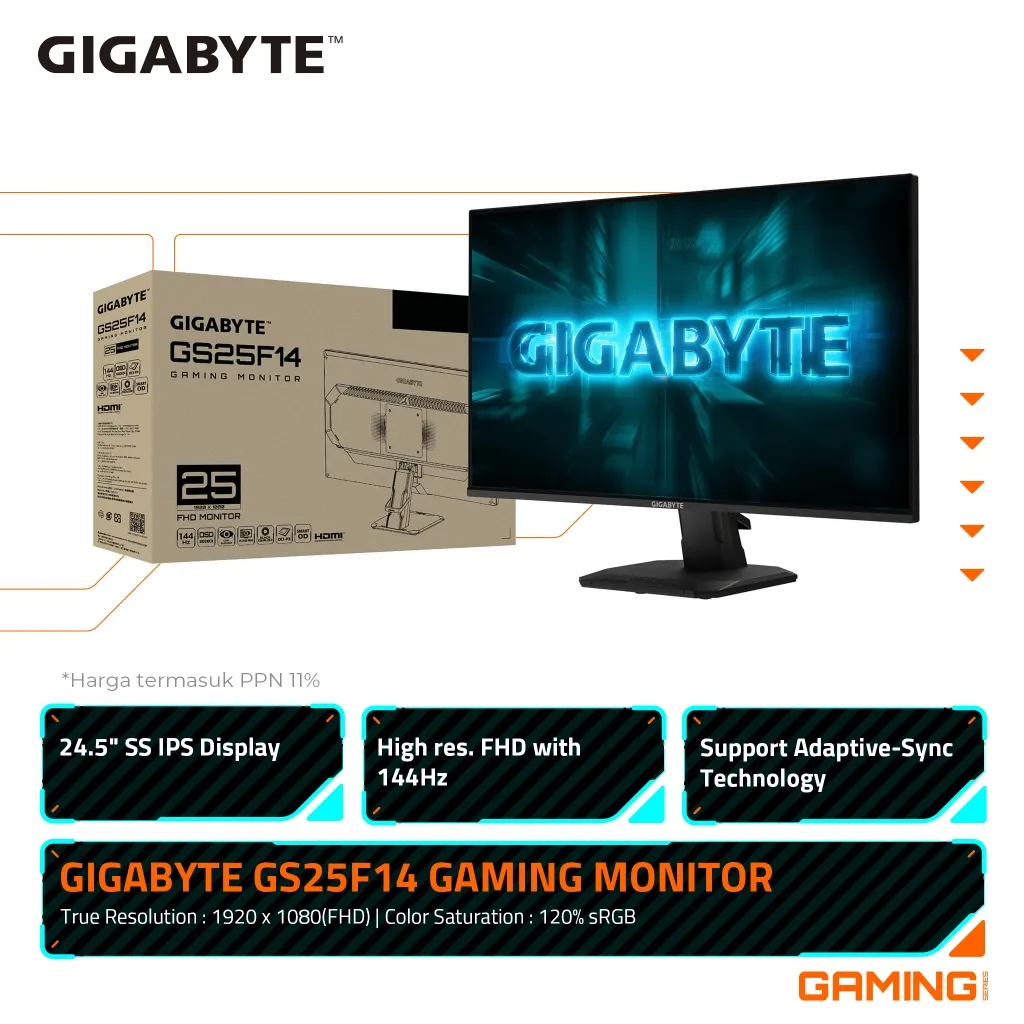 Gigabyte GS25F14 Gaming Monitor 24.5 Inch 1920 x 1080 FHD 144Hz 120% sRGB