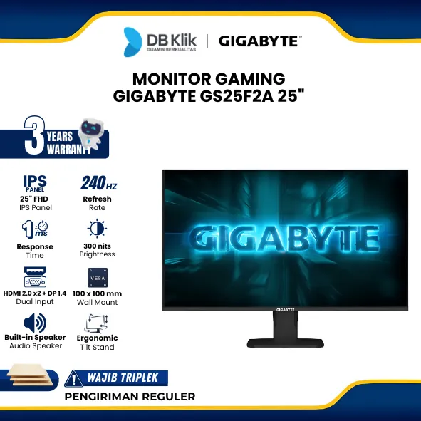 Monitor Gaming GIGABYTE GS25F2A 25" FHD IPS 240Hz 1ms HDR10 Built in Speaker HDMI DP