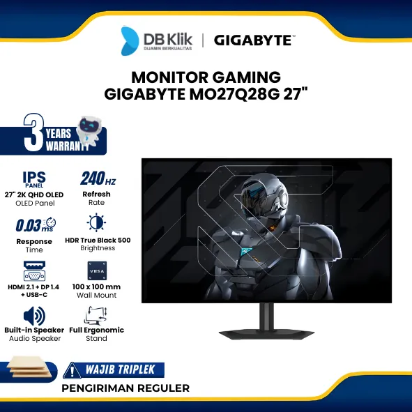 Monitor Gaming GIGABYTE MO27Q28G 27" 2K QHD OLED 280Hz 0.03ms NVIDIA G-Sync HDR True Black 500 Built in Speaker Full Ergonomic Stand HDMI DP USB-C
