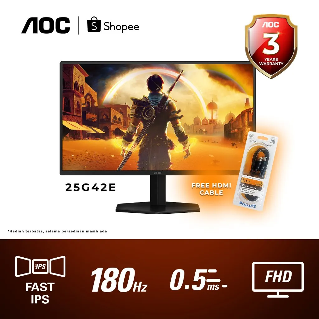 Monitor LED AOC 25G42E Adaptive Sync 24.5" Fast-IPS 180Hz FHD 0.5MS HDR10
