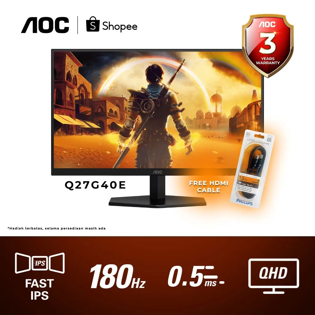 Monitor LED AOC Q27G40E G-Sync Compatible 27" FAST-IPS 180Hz QHD 0.5MS HDR10