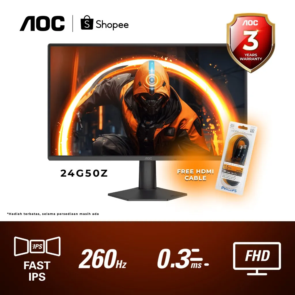 Monitor LED AOC 24G50Z Adaptive Sync 23,8" FAST-IPS 240Hz(260Hz Over Clock) FHD 0.3MS