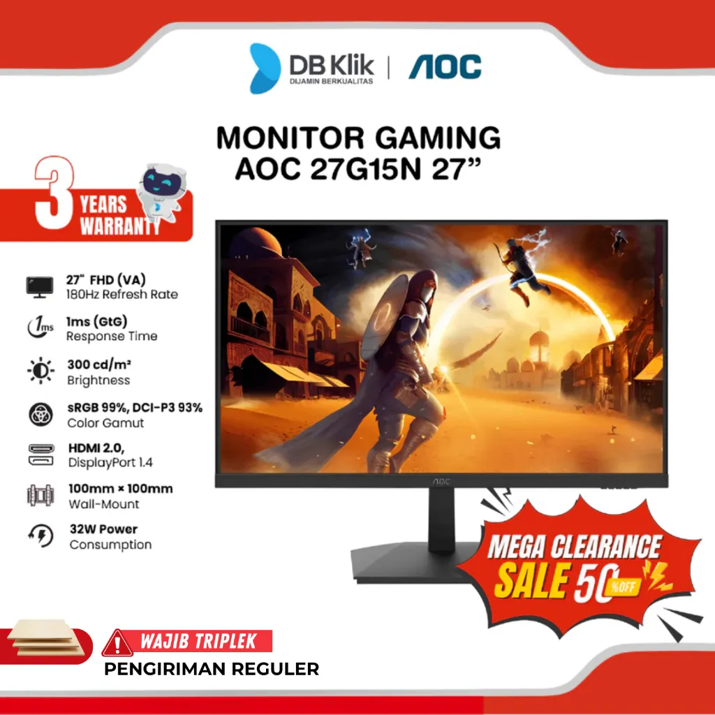 AOC LED Monitor Gaming 27G15N 27" VA FHD 180Hz 1ms Adaptive Sync HDR10 HDMI DP